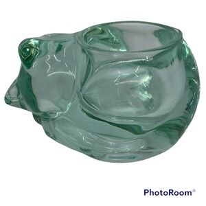 Green Art Glass Sleeping Kitty Cat Votive Candle Holder Clear Curled Up Figurine